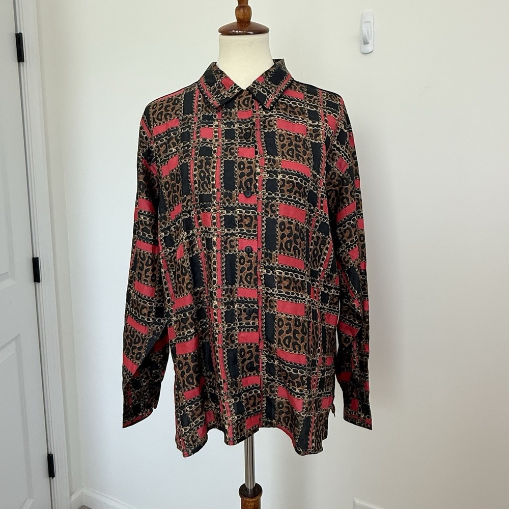 Vintage Anna and Frank 100% Silk Button Down Blouse Leopard Chain Classic Size L